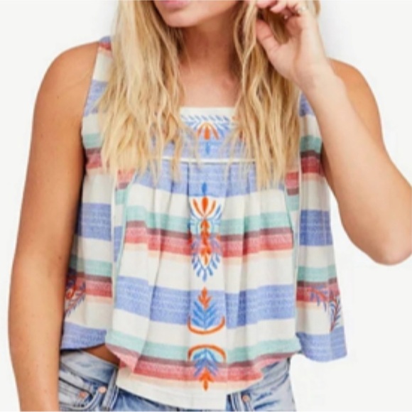 Free People Tops - Free People multicolor 💯% cotton stripe tank w/embroidery and cut out back Sz S